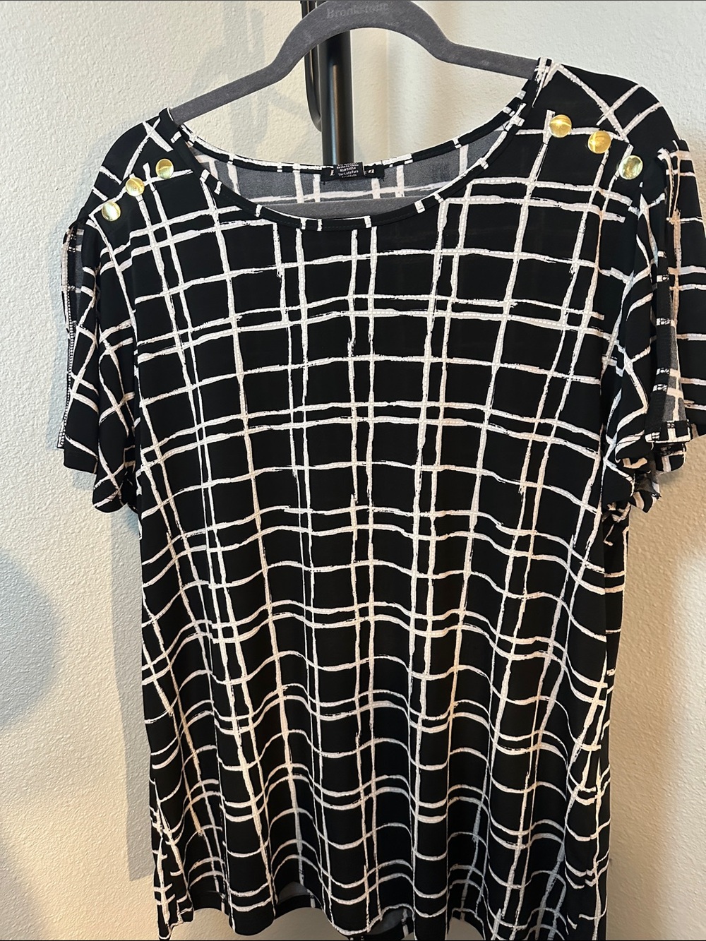 Black & White Grid-Print Short Sleeve Tunic with Shoulder Studs